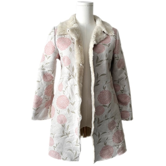 Laura Ashley Made In France Vegan Suede FauxFur Lined Cream and Pink Floral Coat - Picture 3 of 14